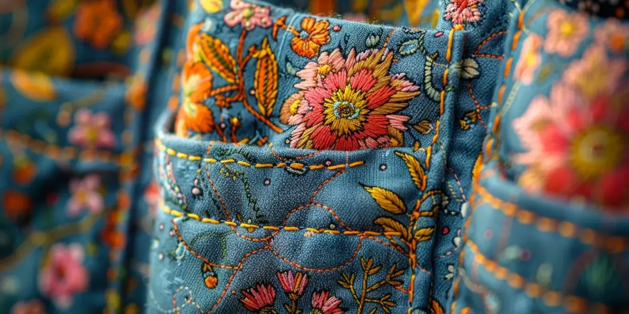 Gros plan sur des poches aux motifs floraux colorés. Différents types de poche, ornés de broderies vives sur fond bleu.
