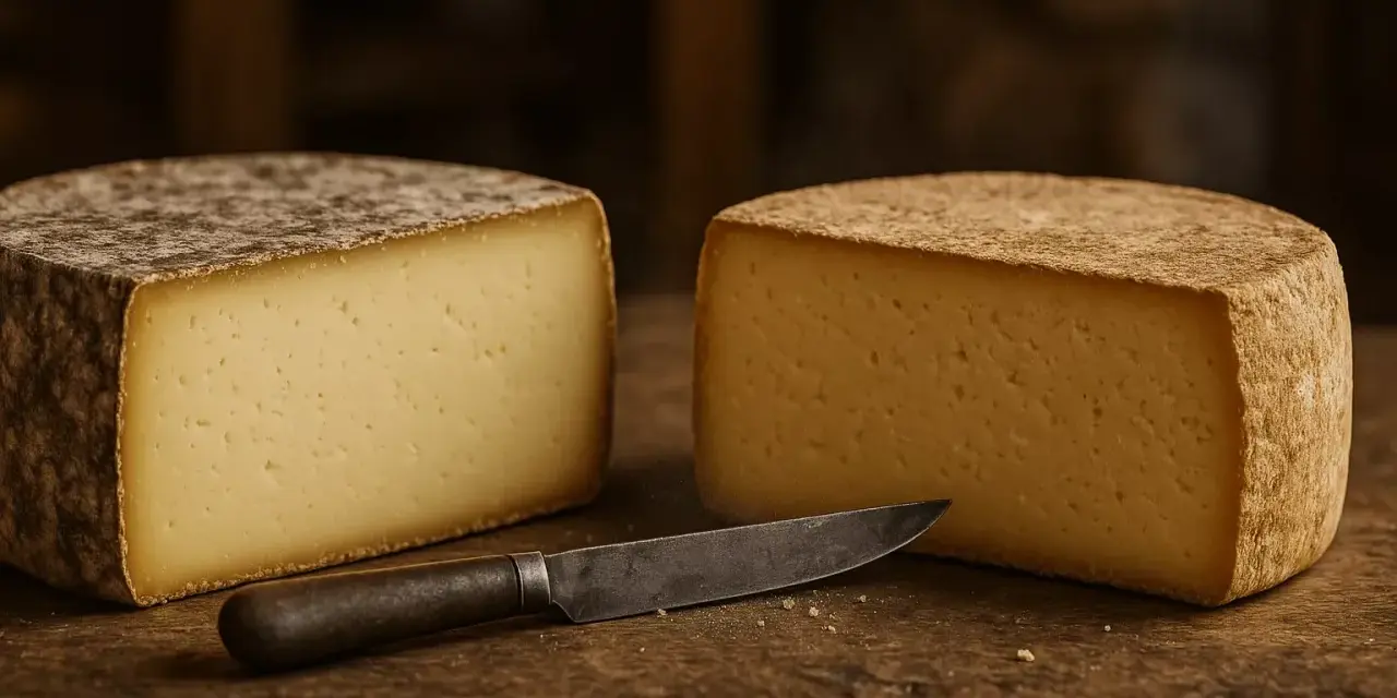 Deux belles tomes de fromage, coupées en deux, reposent sur une planche de bois. Un couteau ancien est posé entre elles.
