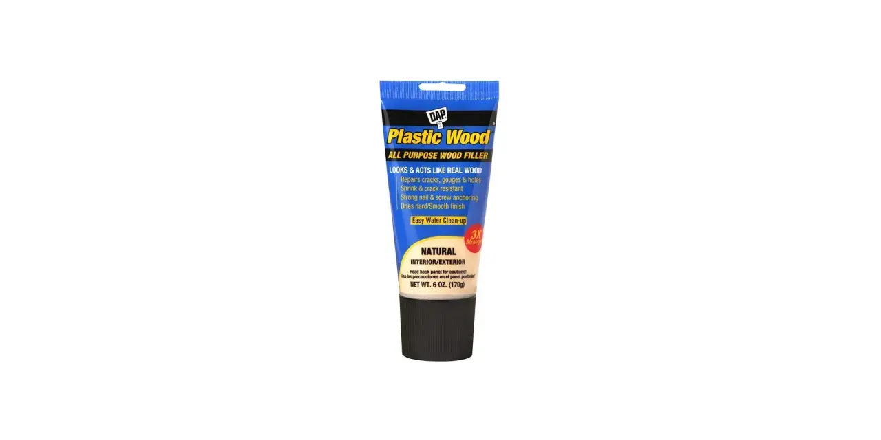 Tube of DAP Plastic Wood All Purpose Wood Filler in Natural color. This filler repairs cracks, gouges, and holes, dries hard, and is shrink and crack resistant.