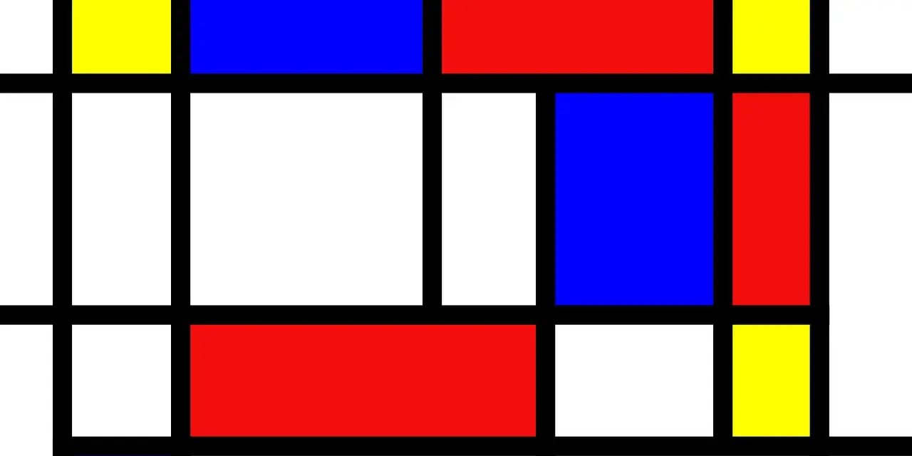Composition abstraite typique du mouvement artistique de Piet Mondrian, avec des rectangles noirs, blancs, rouges, bleus et jaunes.