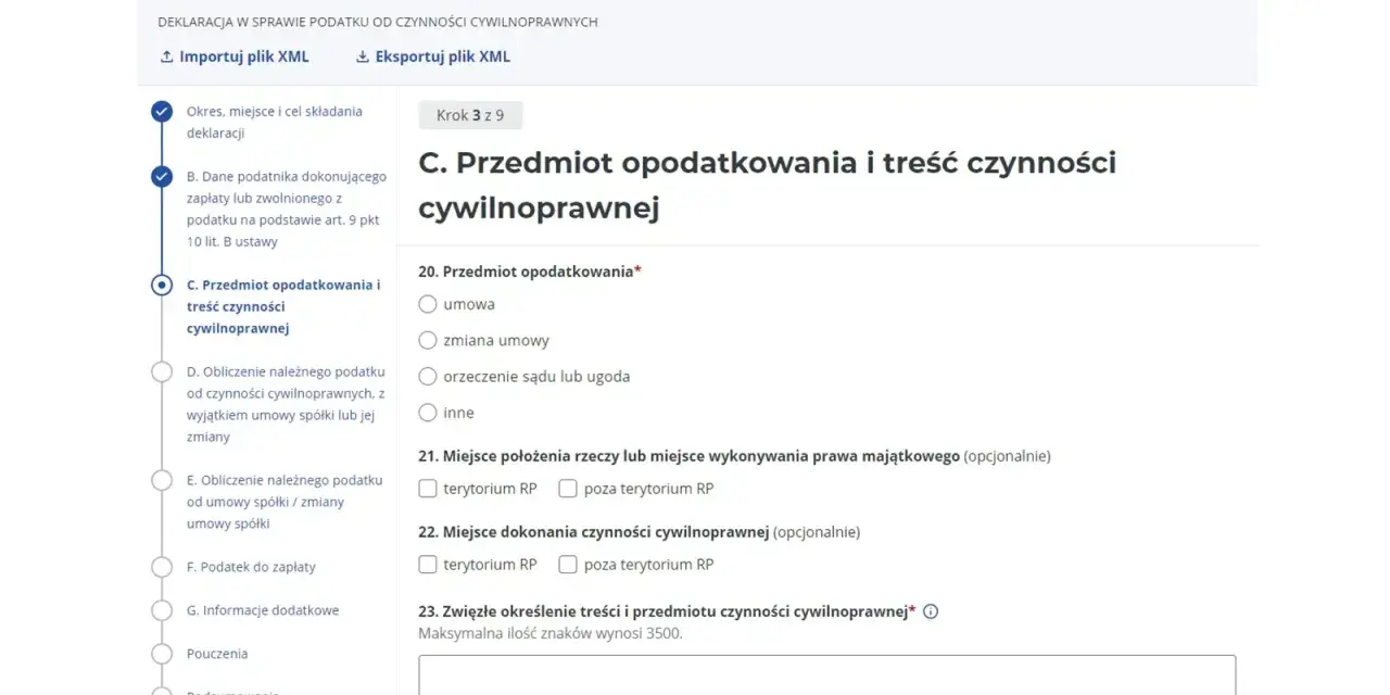 Formularz PCC-3(6) - C. Przedmiot opodatkowania i treść czynności cywilnoprawnej. Wzór dokumentu do wypełnienia.