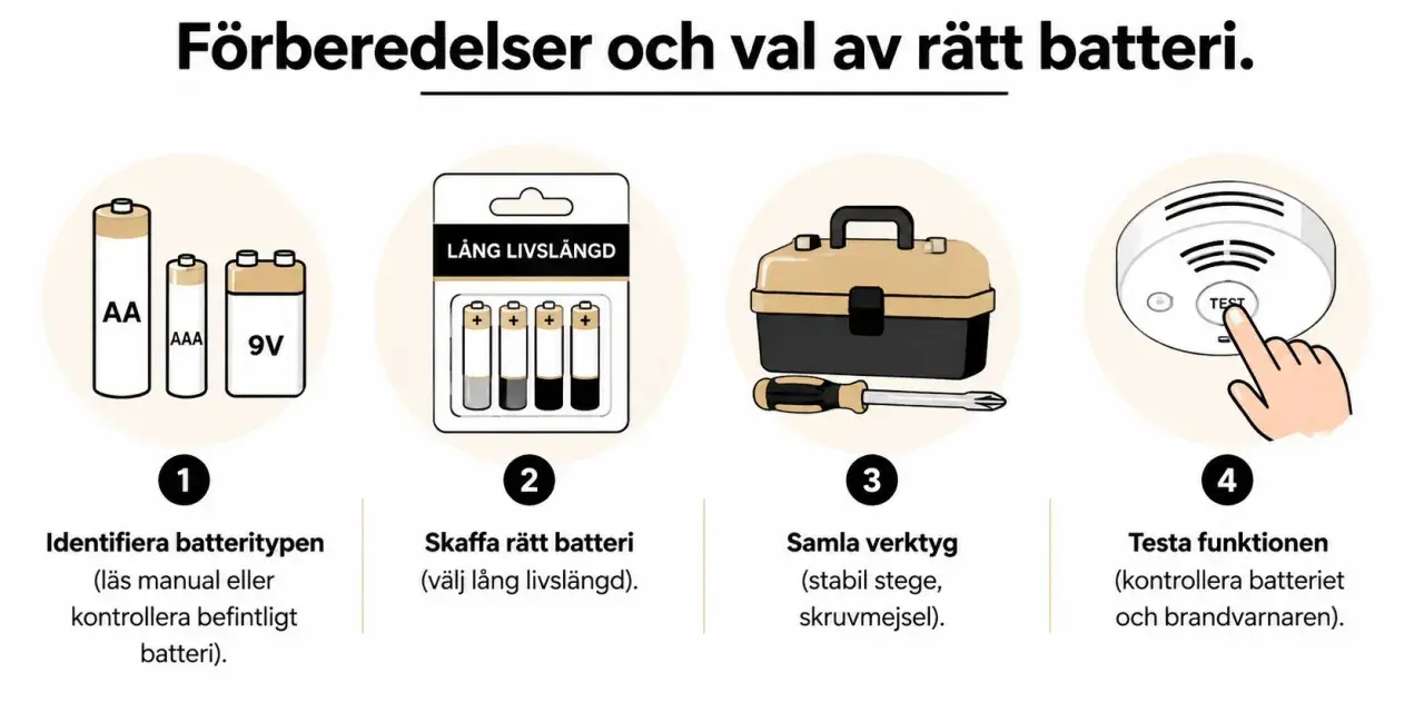 Steg för att byta batteri i brandlarmet: identifiera batterityp, skaffa rätt batteri, samla verktyg och testa funktionen så att brandlarmet inte piper i onödan.