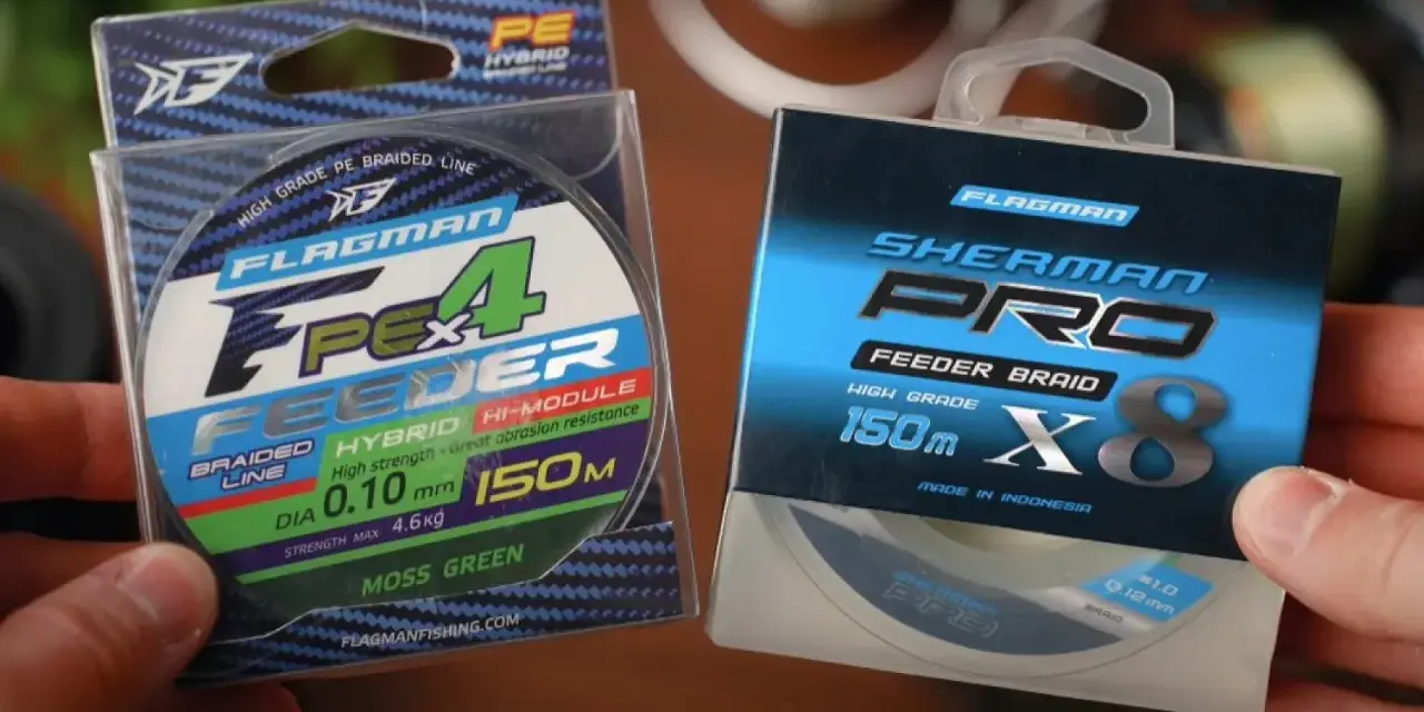 Dwie żyłki wędkarskie na grunt: Flagman FPE4 Feeder 0.10mm i Sherman Pro Feeder Braid 0.12mm.