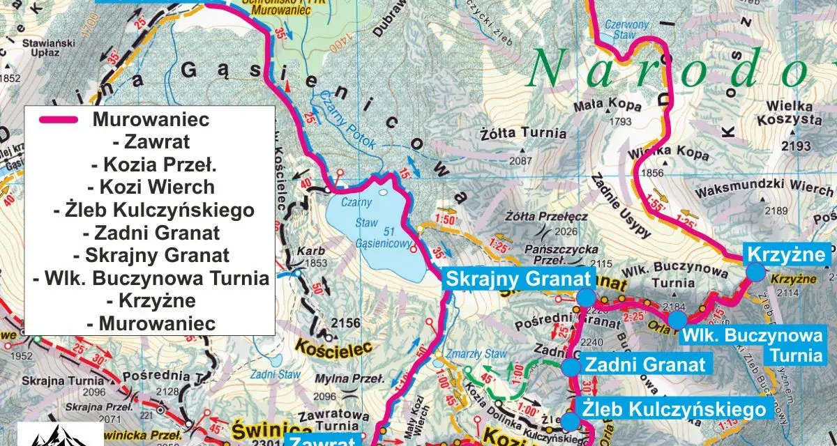 Mapa Tatr Wysokich z zaznaczoną Orlą Percią. Gdzie zacząć? Trasa od Murowańca przez Zawrat, Kozi Wierch, Zadni Granat do Krzyżnego.