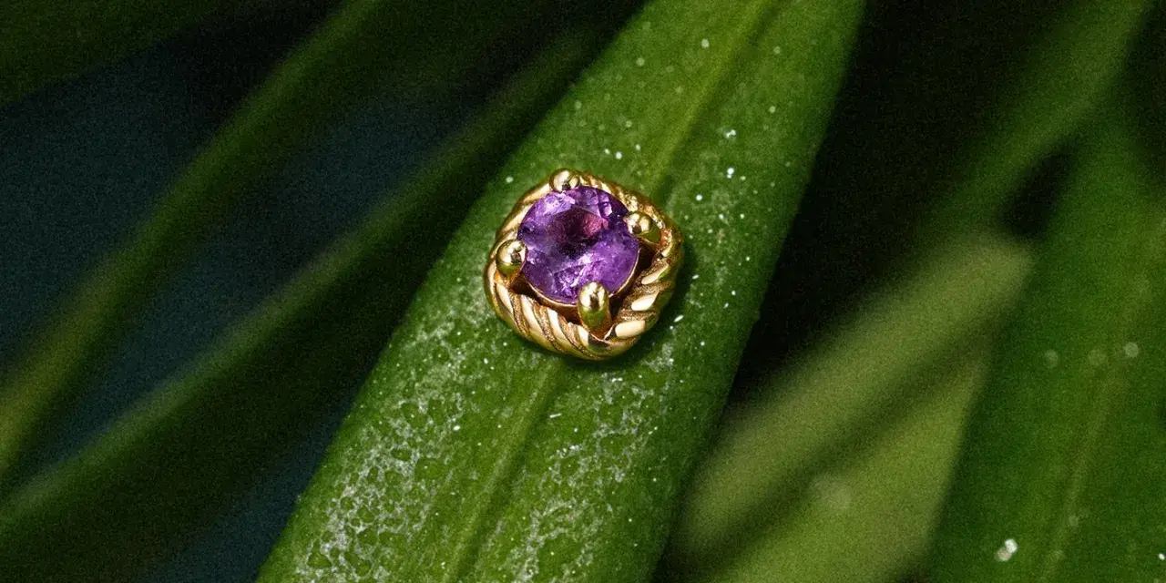 Złoty kolczyk z ametystem na zielonym liściu, symbolizujący **tragus gojenie**.