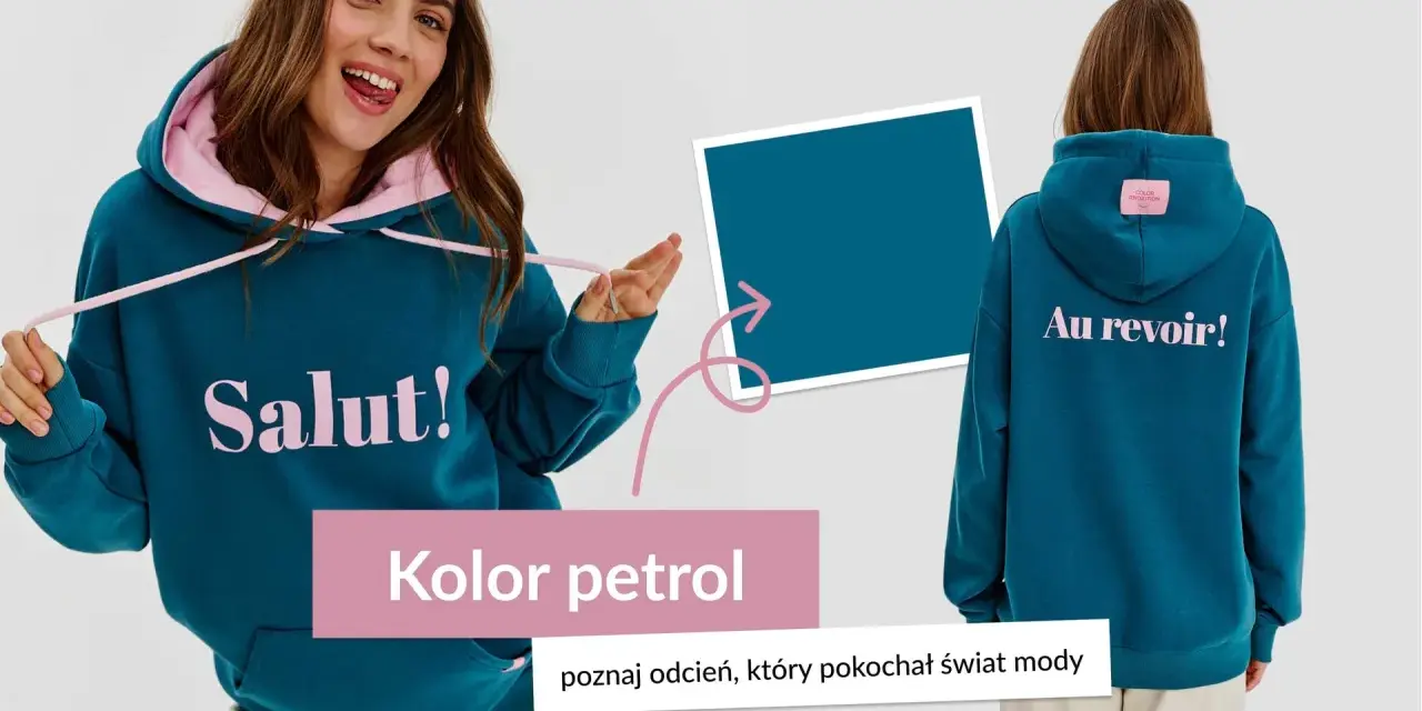 Dziewczyna w bluzie w kolorze petrol, z napisem "Salut!" z przodu i "Au revoir!" z tyłu.