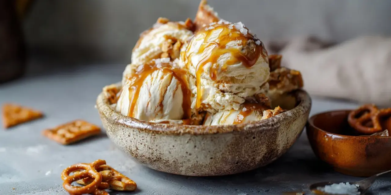 Schüssel mit Salted Caramel Eis, beträufelt mit Karamellsauce und bestreut mit Meersalz. Perfekt dazu passen Brezeln und Kekse.