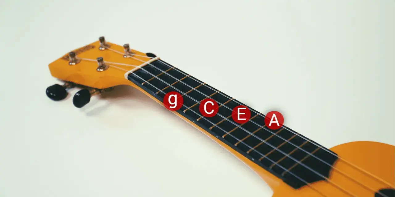 Nahaufnahme eines gelben Ukulelenhalses mit den Noten G, C, E, A als gitarrensaiten beschriftung auf roten Kreisen.