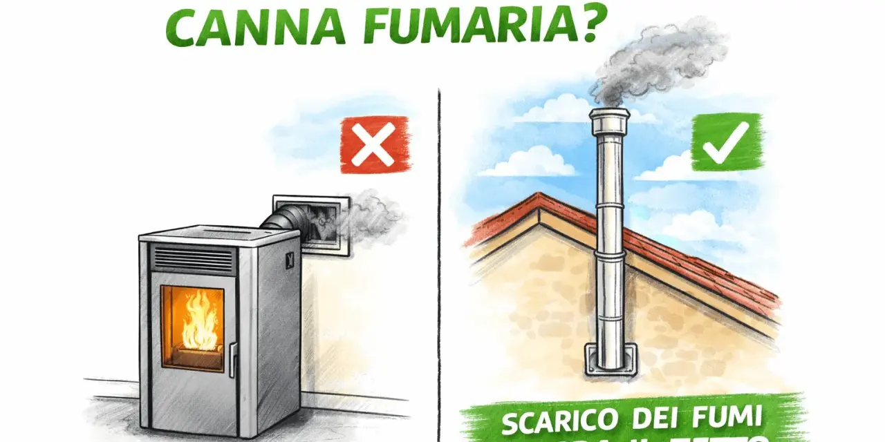Stufa a pellet senza canna fumaria? A sinistra, scarico a muro con X rossa. A destra, scarico fumi sopra il tetto con segno di spunta verde.