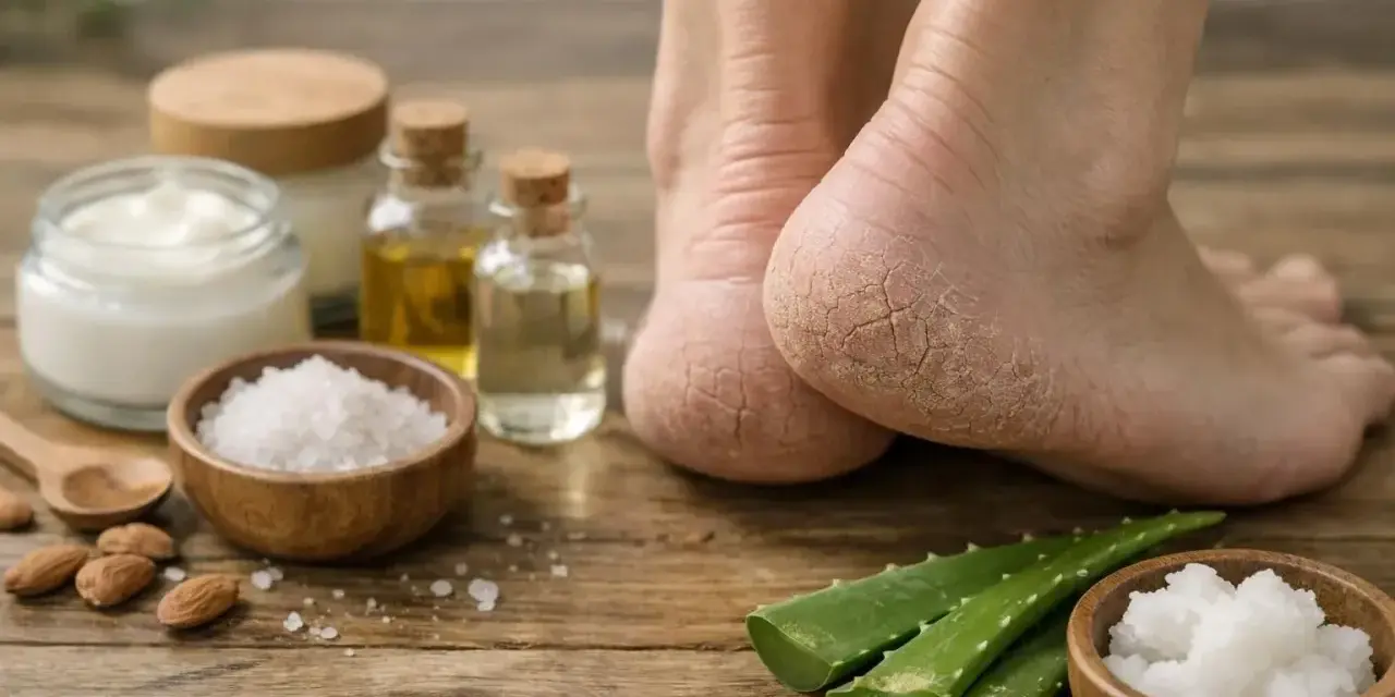 Pieds secs avec le talon craquelé, entourés d'ingrédients naturels pour un soin : aloe vera, sel, huiles et crème.