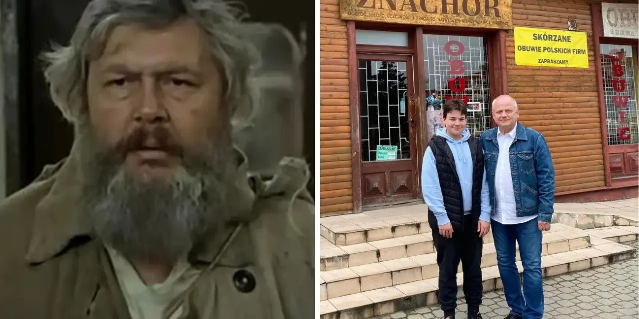 Dwóch mężczyzn przed sklepem "Znachor", gdzie rozgrywa się akcja filmu.