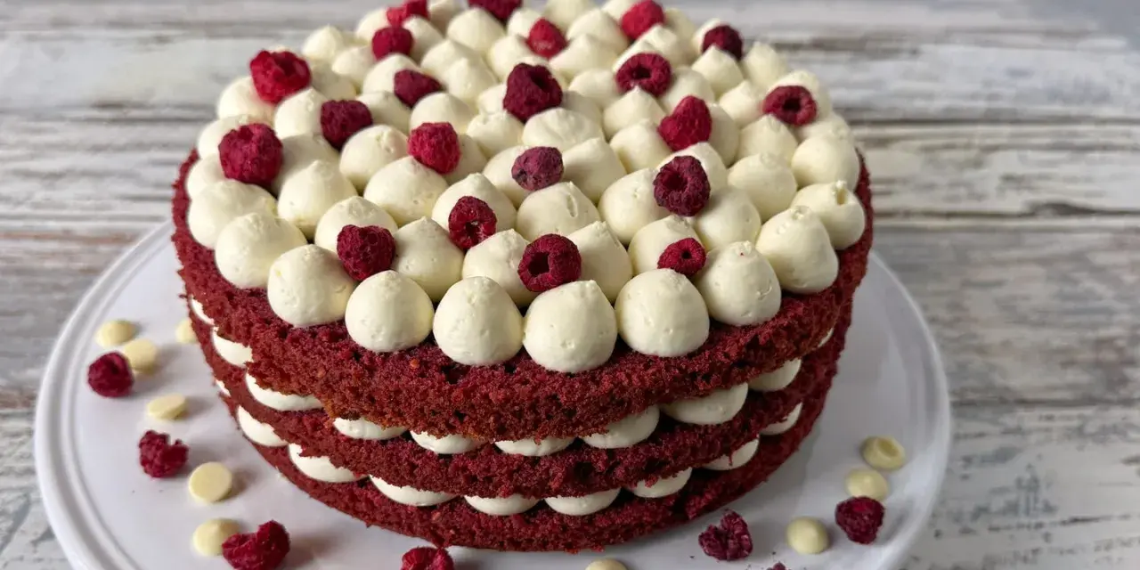 Ein mehrschichtiger Red Velvet Kuchen mit weißer Creme und Himbeeren.