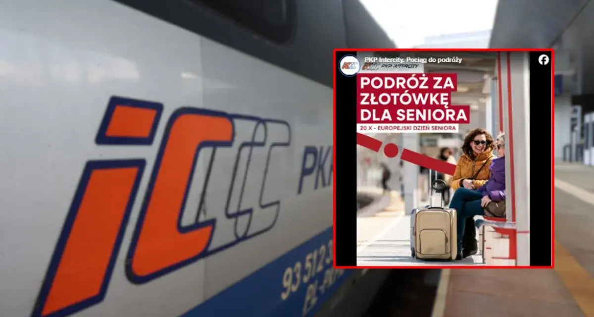 Logo PKP Intercity na pociągu i plakat z seniorami na dworcu.