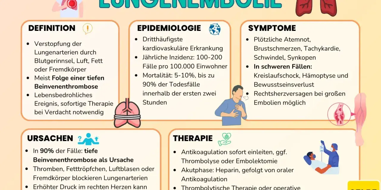 Infografik erklärt Lungenembolie: Ursachen (tiefe Beinvenenthrombose), Symptome (Atemnot, Schock) und Therapie. Eine doppelte Lungenembolie ist lebensbedrohlich.