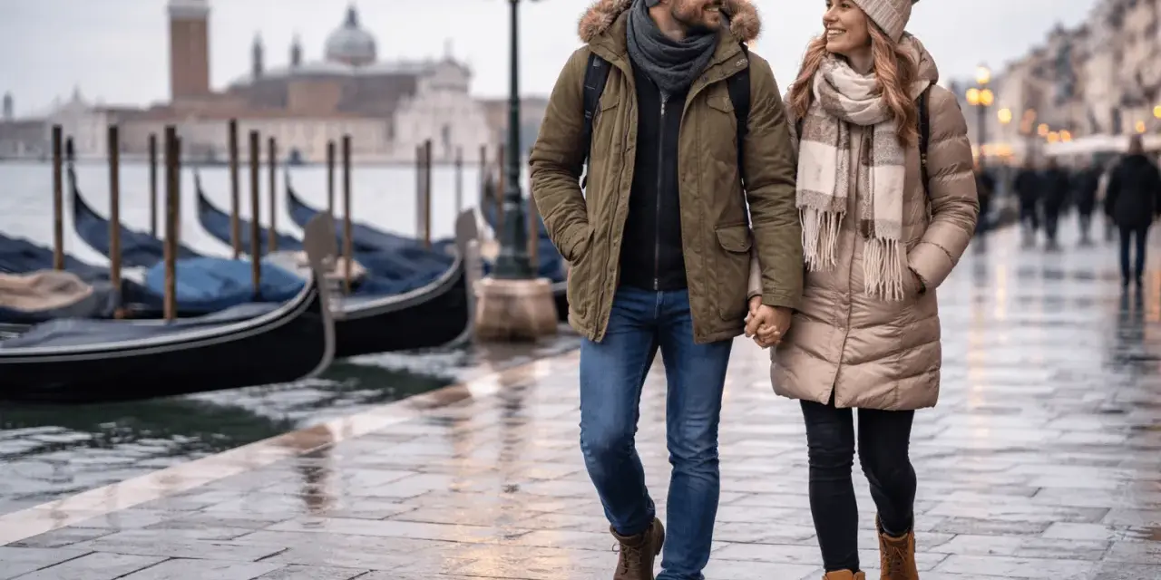 Coppia passeggia a Venezia, con gondole sullo sfondo. Perfetto esempio di come vestirsi a Venezia in inverno: cappotti caldi, sciarpe e berretti.
