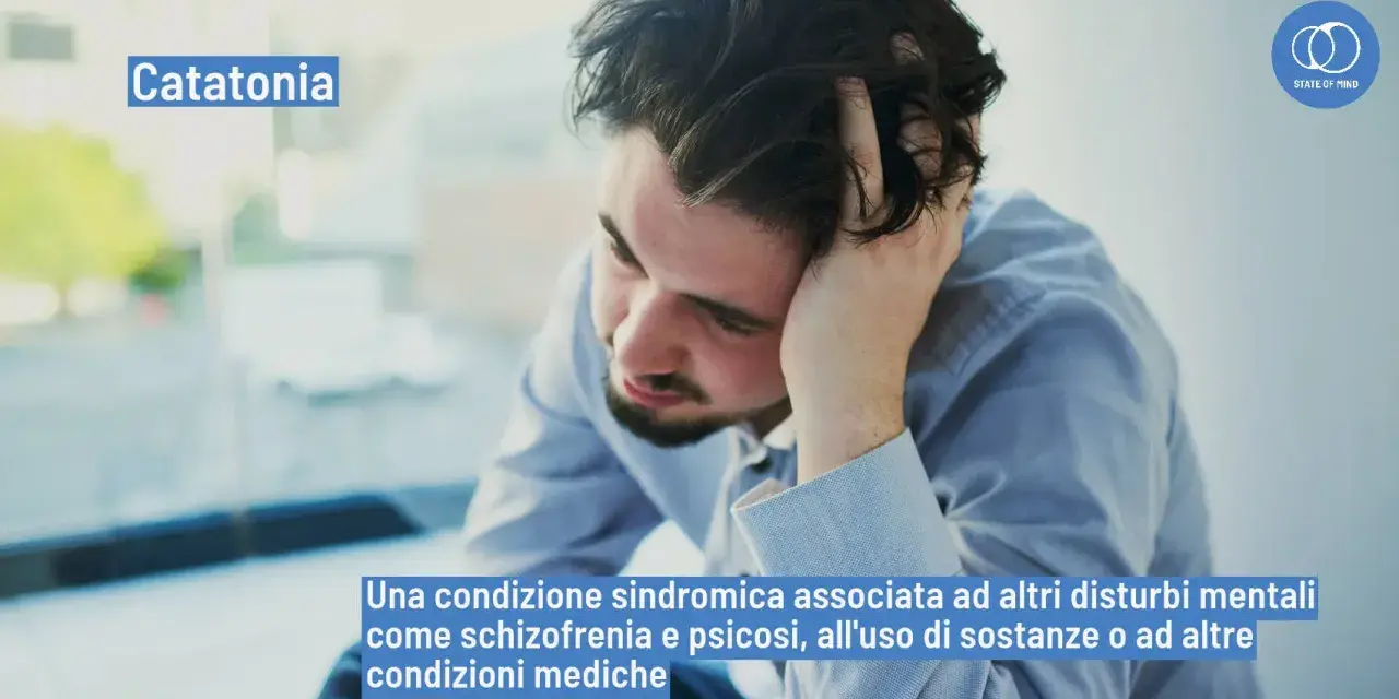 Uomo con mano tra i capelli, con la scritta "Catatonia". Il significato di catatonia è una sindrome legata a disturbi mentali.