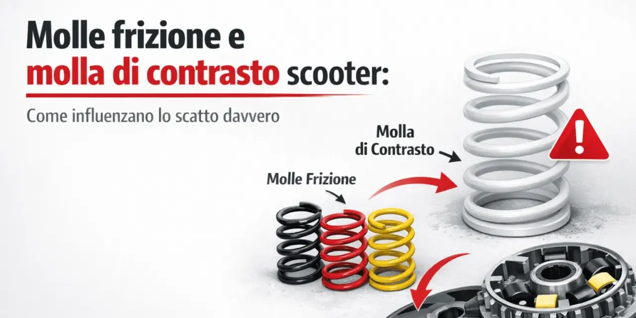 Molle frizione e molla di contrasto scooter: come influenzano lo scatto. La molla di contrasto, più grande, è cruciale per il rapporto più basso del cambio di velocità.