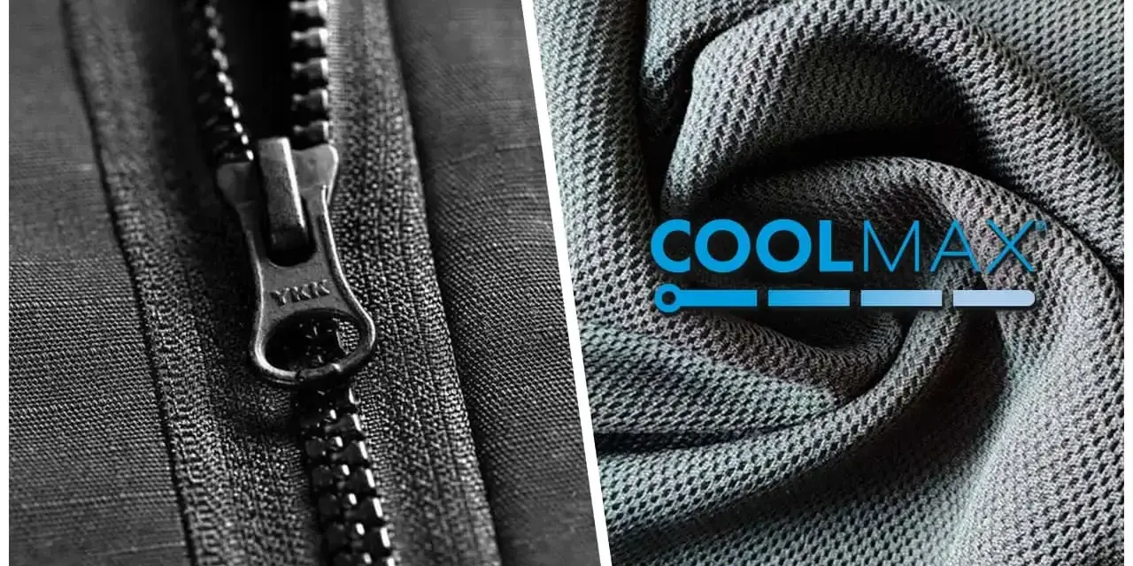 Zamek YKK i sztywna tkanina na spodnie z logo COOLMAX.