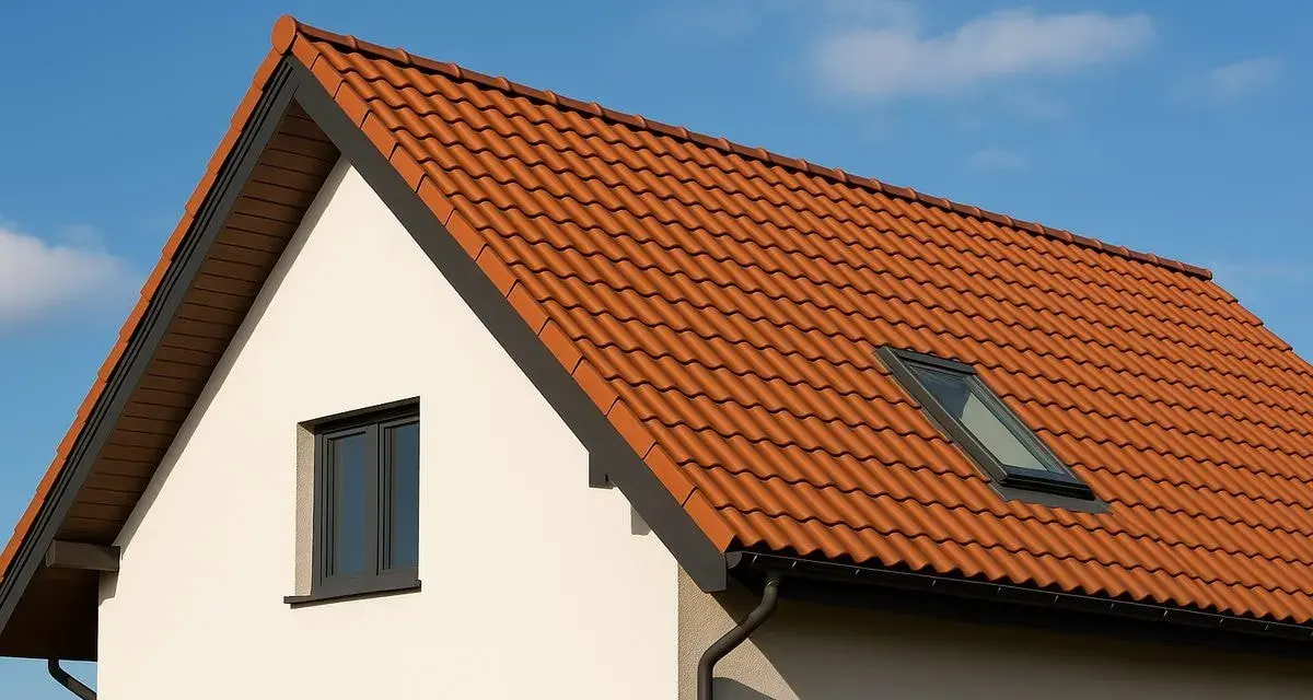 Nowy, czerwony dach dwuspadowy z dachówką ceramiczną i oknem połaciowym, lśniącym w słońcu.