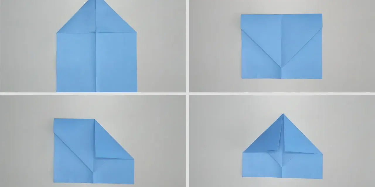 Schritt-für-Schritt-Anleitung zum Papierflieger basteln: Vier Ansichten zeigen, wie aus blauem Papier ein Flugzeug entsteht.