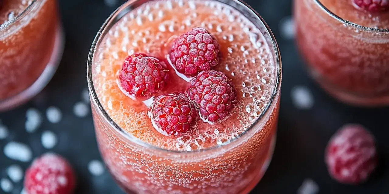 Verre de soupe de champagne pétillante, garni de framboises givrées. Un délice fruité et festif.