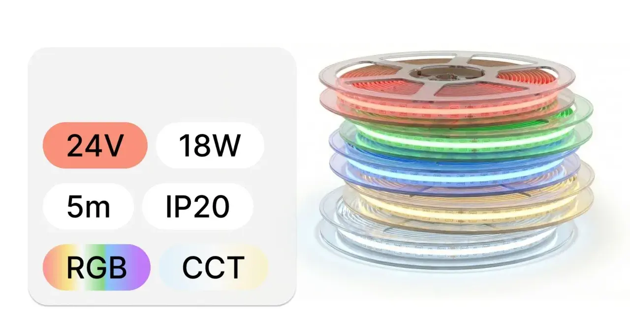 Różne rodzaje taśm LED: RGB, CCT, 24V, 18W, 5m, IP20. Kolorowe rolki taśm LED ułożone jedna na drugiej.