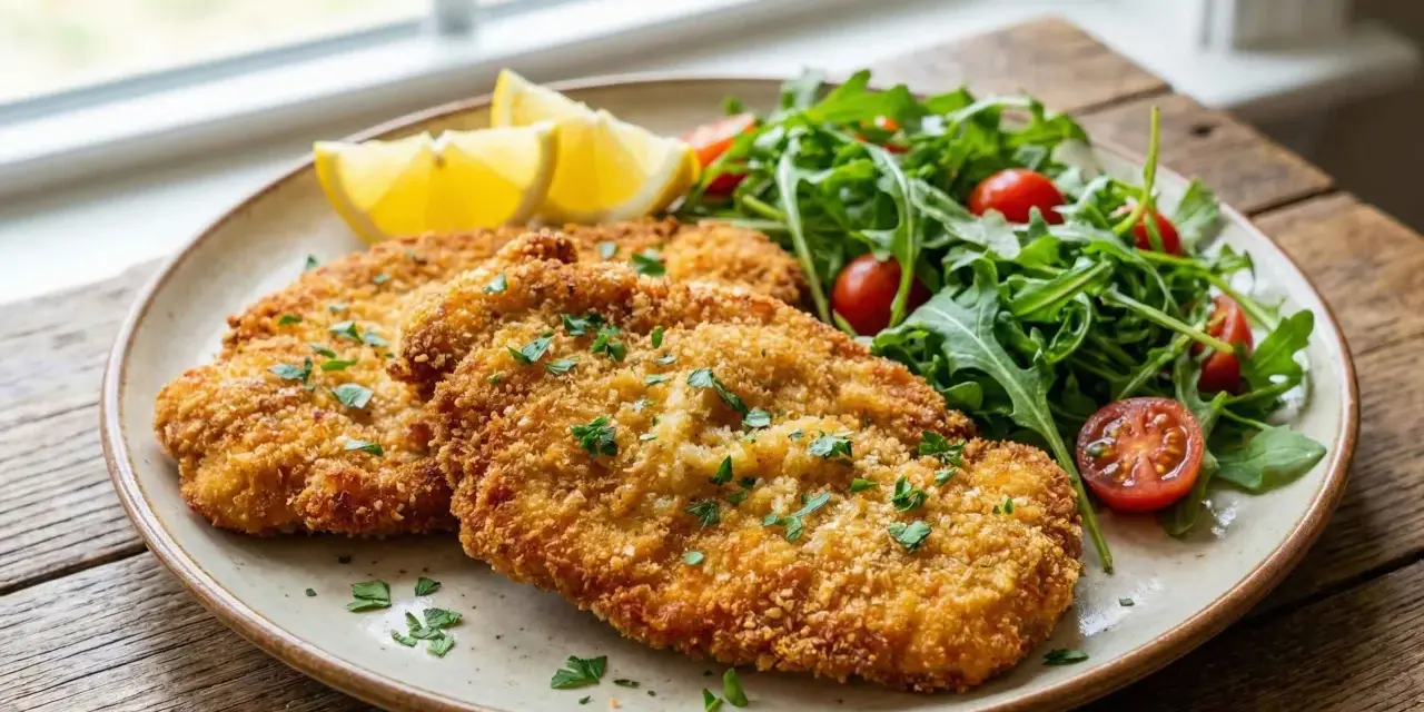 Milanesa de pollo dorada y crujiente, servida con ensalada fresca de rúcula y tomates cherry, acompañada de gajos de limón.