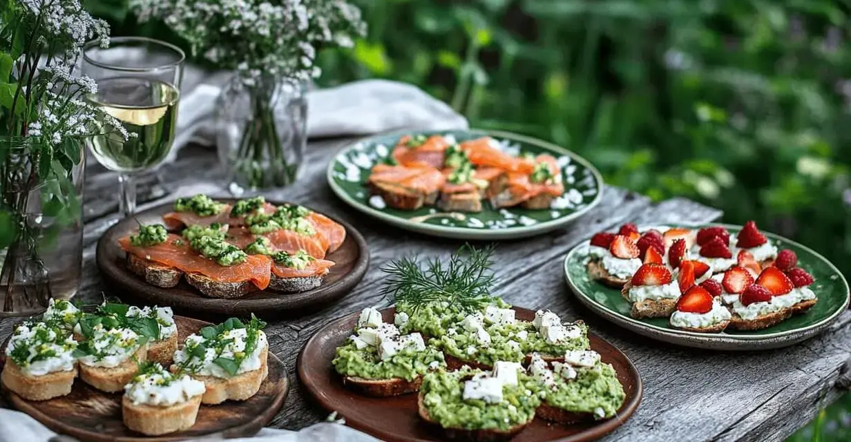 Välkomna till midsommar! Små, läckra snittar med lax, avokado och bär dukas upp på ett rustikt träbord.