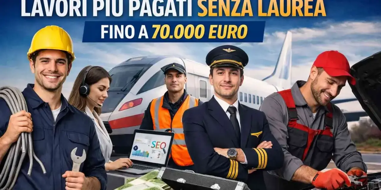 Professionisti sorridenti in vari settori, tra cui un pilota, un meccanico e un tecnico, suggeriscono lavori ben pagati senza esperienza, con un treno e un aereo sullo sfondo.