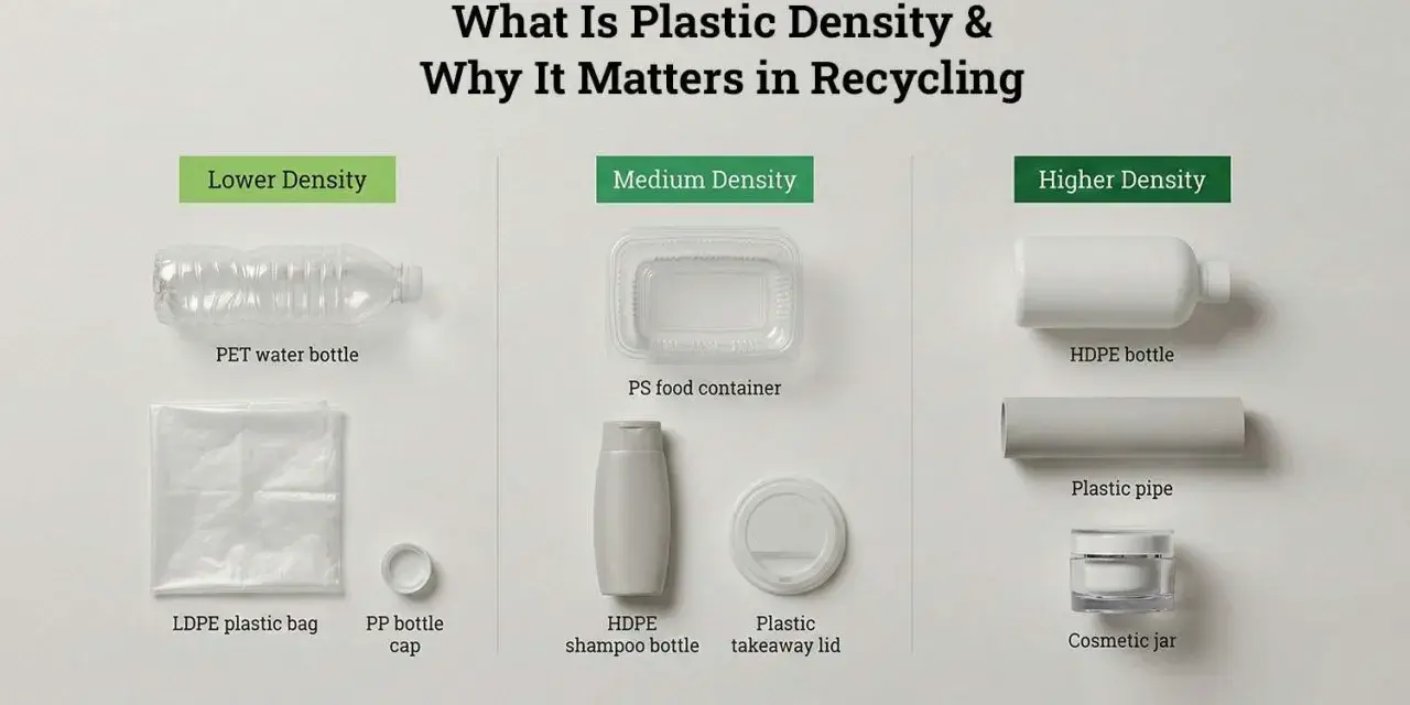 Visual guide showing plastic items categorized by density: PET bottles (lower), food containers (medium), and HDPE bottles/pipes (higher). Understanding the weight of plastics aids recycling.