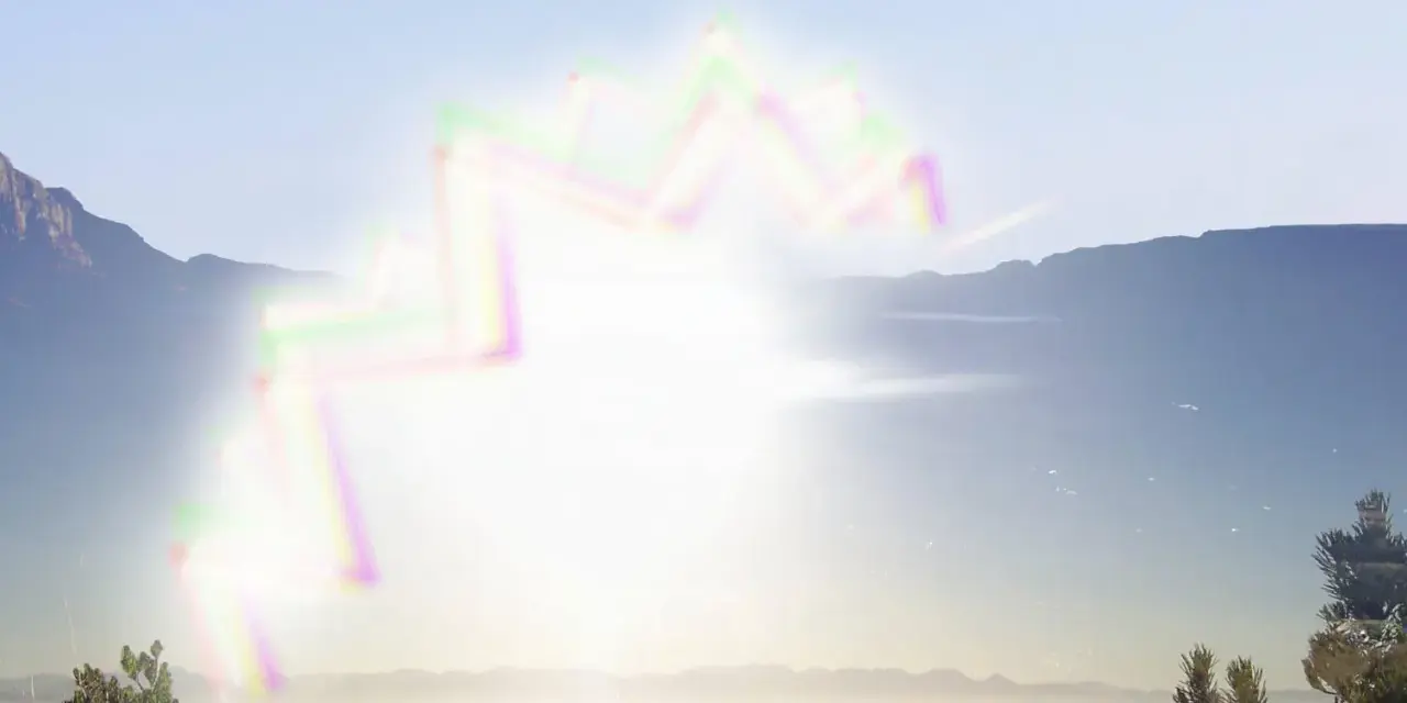 Paesaggio montano con fasci di luce negli occhi, come un arcobaleno zigzagante che attraversa il cielo limpido.
