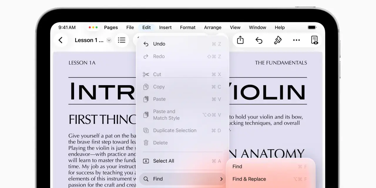 Na ekranie iPada z systemem iPadOS 26 widać menu Edycja z opcjami Undo, Redo, Cut, Copy, Paste i Find.