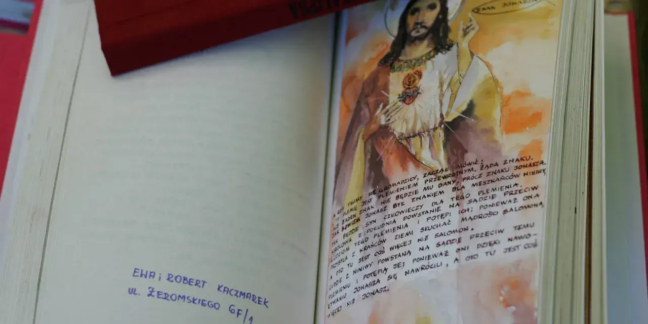 Modlitwa do świętego Antoniego, z ilustracją Jezusa i tekstem biblijnym.