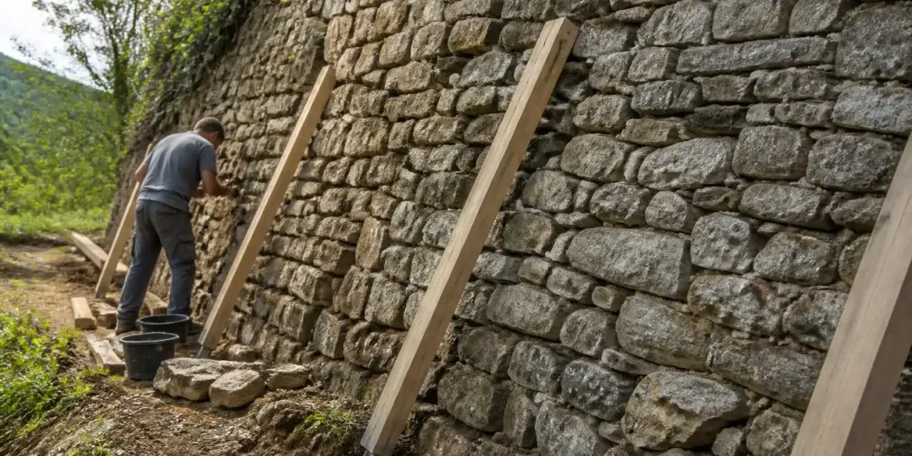 Un homme travaille à comment consolider un mur en pierre, utilisant des étais en bois pour soutenir la structure ancienne.