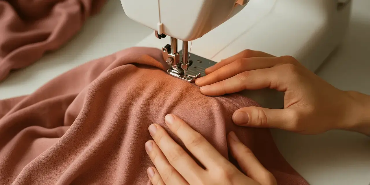 Dłonie prowadzą różowy dżersej pod igłą maszyny do szycia, tworząc nową kreację.