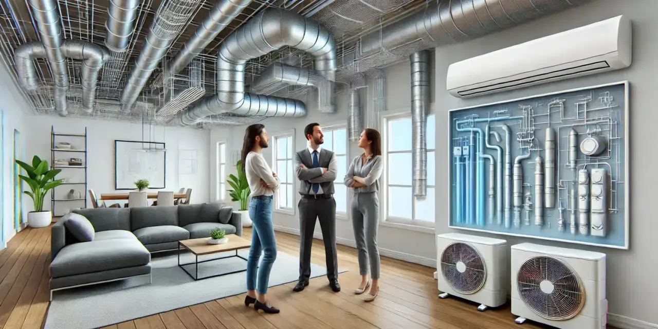 Tres personas discuten sobre un sistema hvac que es, con tuberías visibles en el techo y unidades exteriores.