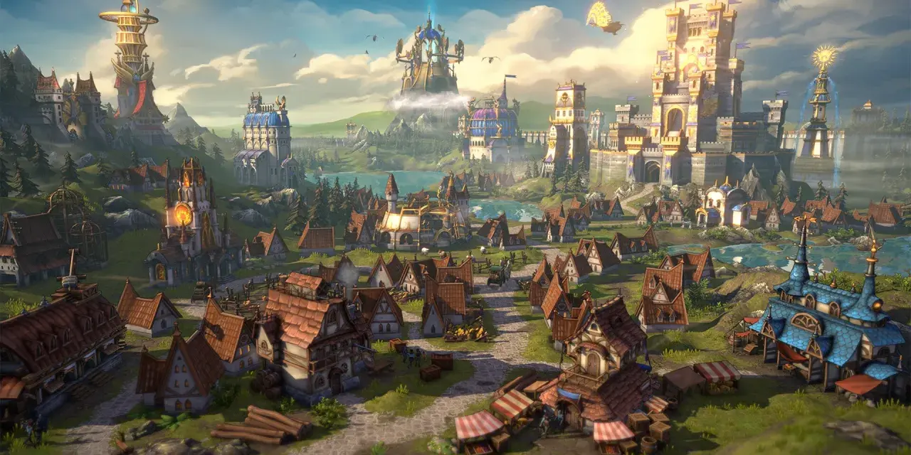 Fantastyczne miasto z zamkami i wieżami, zapowiadające premierę gry "Heroes olden era".