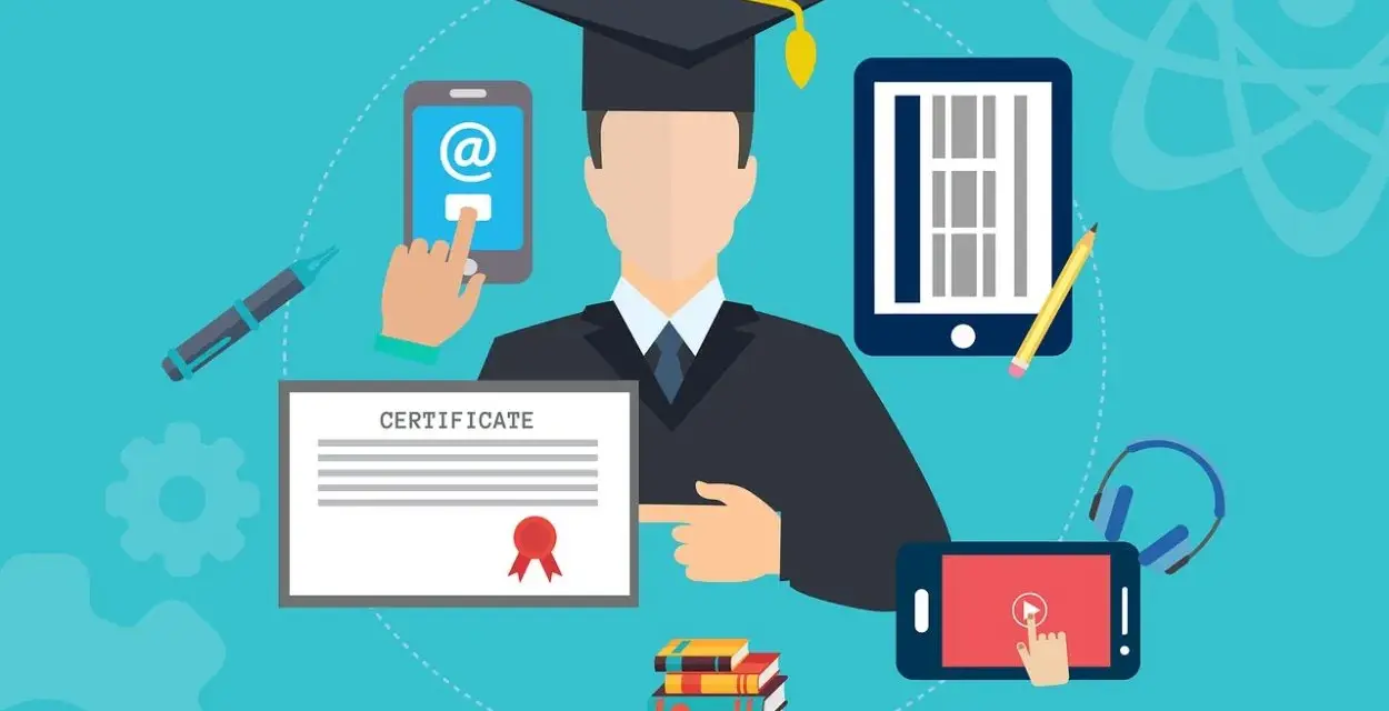 Absolvent mit Zertifikat und digitalen Lernmitteln. Was bedeutet B.Sc.? Ein Bachelor of Science Abschluss symbolisiert akademische Leistung.