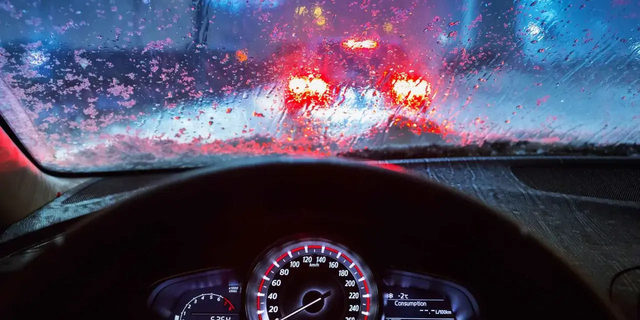 Cruscotto illuminato e parabrezza ghiacciato con luci rosse sfocate di altre auto. Si guida di notte in condizioni difficili.
