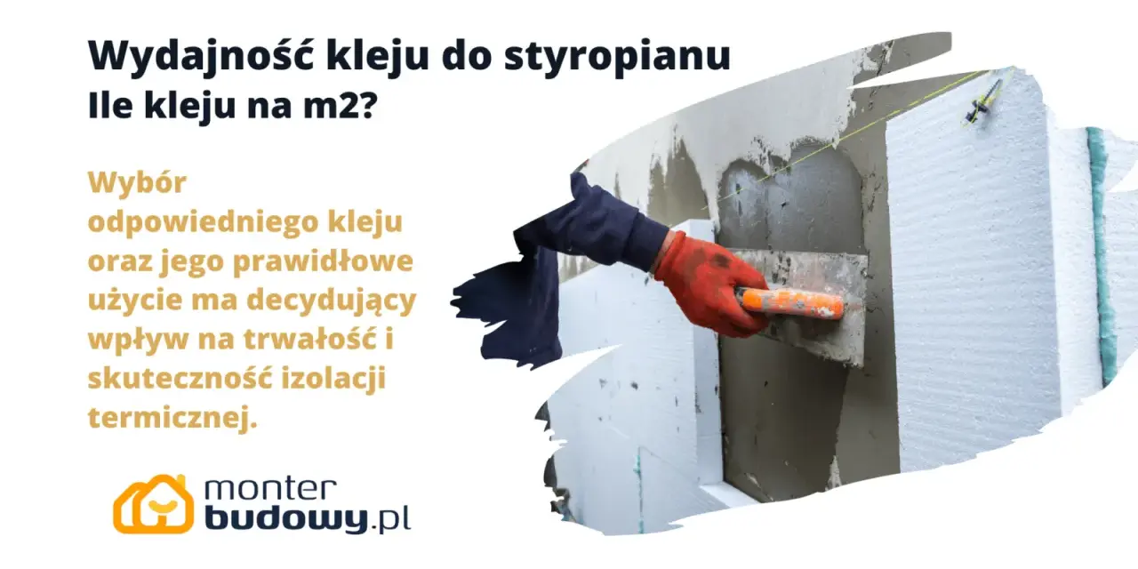Ręka w rękawicy nakłada klej na styropian kielnią.