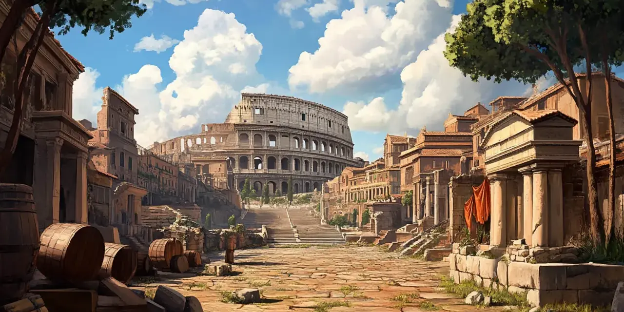 Vista del Coliseo y edificios antiguos, con barriles de madera en primer plano. Un paisaje que evoca el inicio del imperio romano.