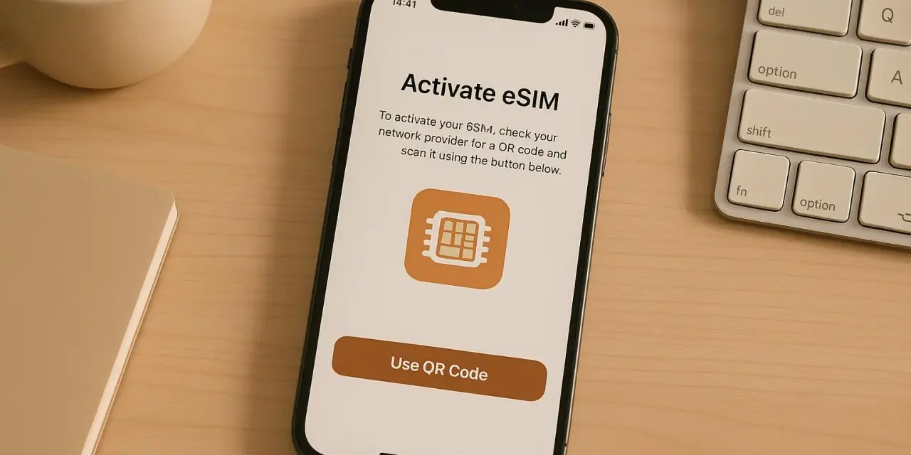 iPhone-skärm visar aktivering av eSIM. En knapp för att använda QR-kod syns.