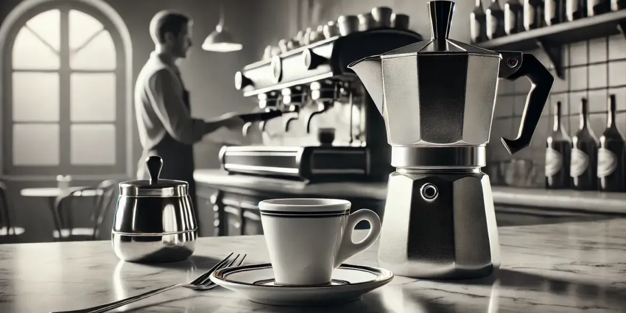Kawiarka i filiżanka na blacie, barista w tle przygotowuje kawy włoskie.