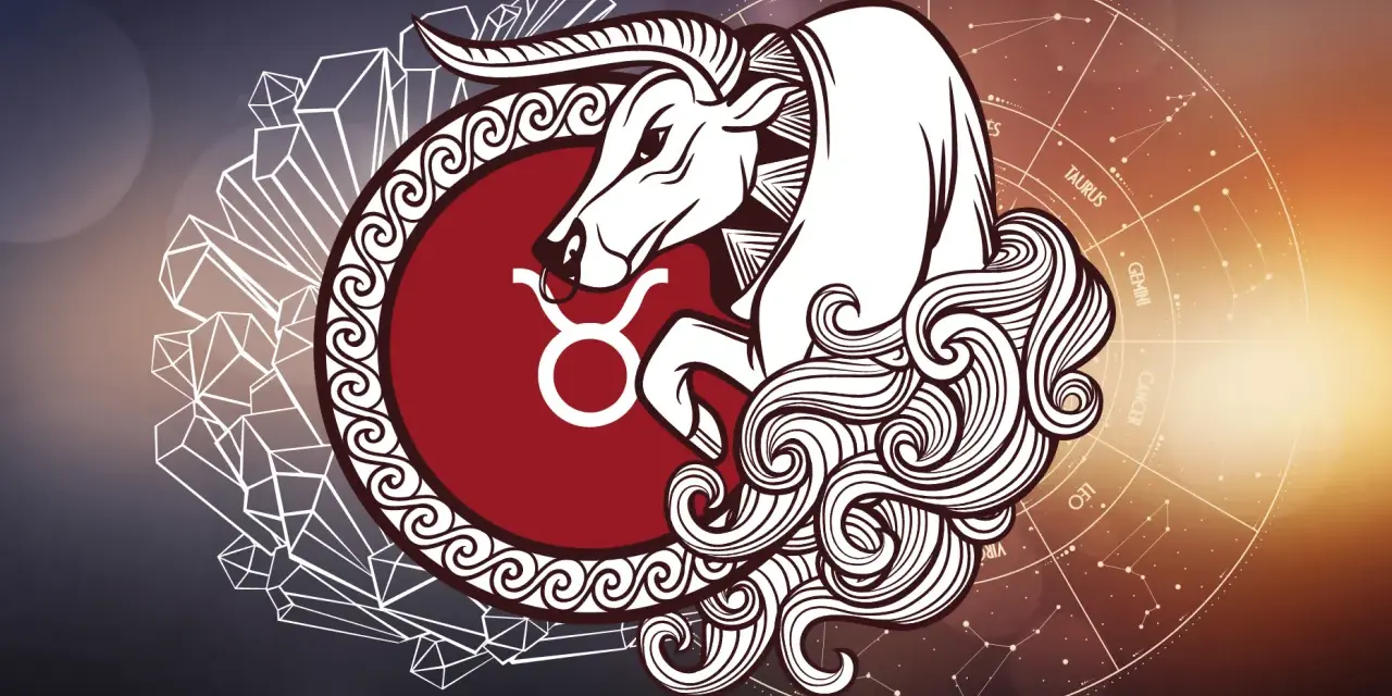 27 luty jaki znak zodiaku? Byk, symbol zodiaku na tle kryształów i konstelacji.