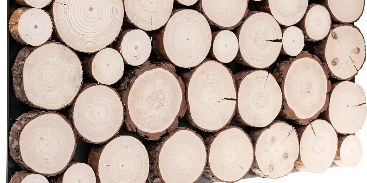 Ułożone obok siebie przekroje pni drzew tworzą naturalną mozaikę. Każdy kubik drewna ma unikalne słoje.