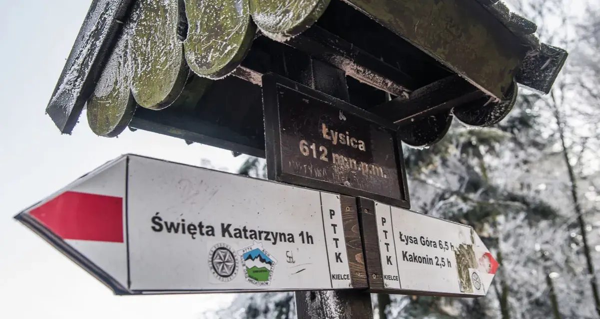 Znak szlaku łysica - kakonin. Wskazuje drogę do Świętej Katarzyny, Łysej Góry i Kakonina.