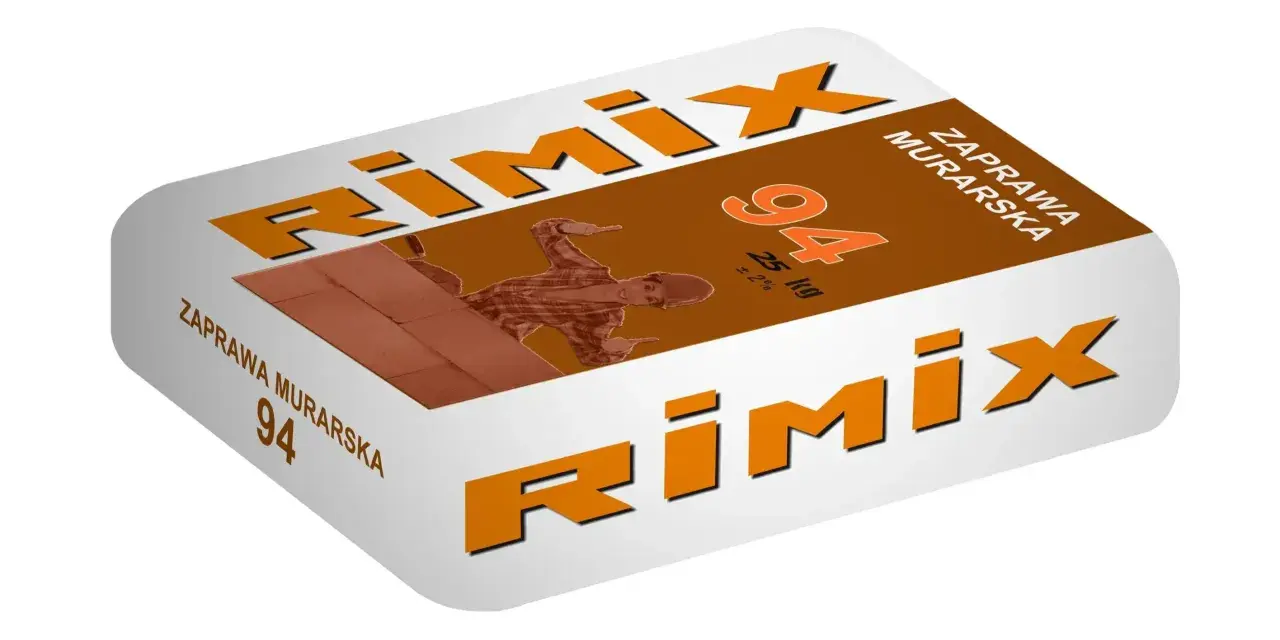 Opakowanie zaprawy murarskiej Rimix 94, 25 kg, z wizerunkiem murarza.