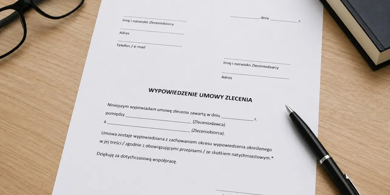Dokument wypowiedzenie umowy zlecenia na drewnianym biurku, obok długopis i okulary.