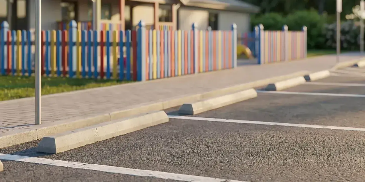 Parking, chodnik i kolorowy płotek oddzielają plac zabaw od miejsc parkingowych. Odległość miejsc parkingowych od granicy działki jest widoczna.