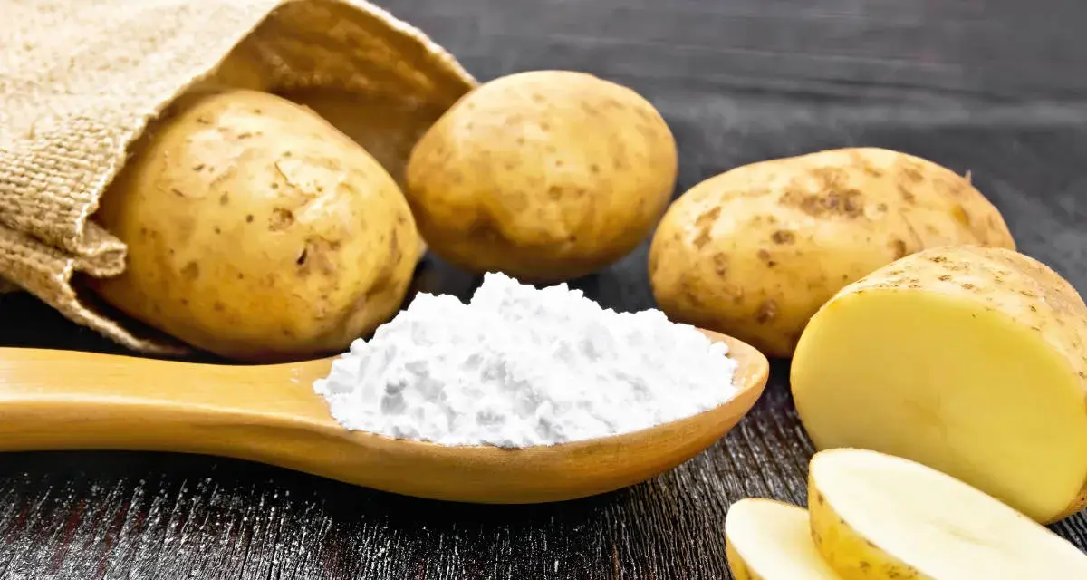 Kartoffeln und ein Löffel voller Kartoffelstärke, eine vielseitige kartoffelmehl alternative für Küche und Haushalt.